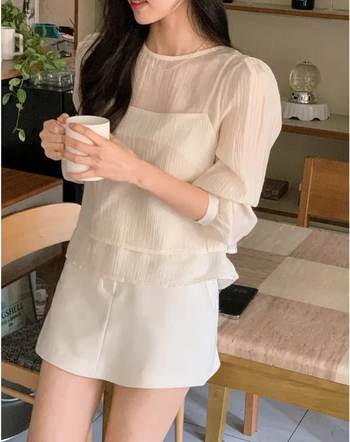 이른 가을 거품 소매 펌프 로프 레이스업 허리 수축 도트 긴팔 셔츠 상세 이미지 50