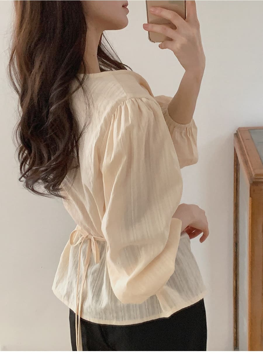 이른 가을 새로운 디자인 센스 나비 매듭 허리 수축 긴팔 셔츠 상세 이미지 10