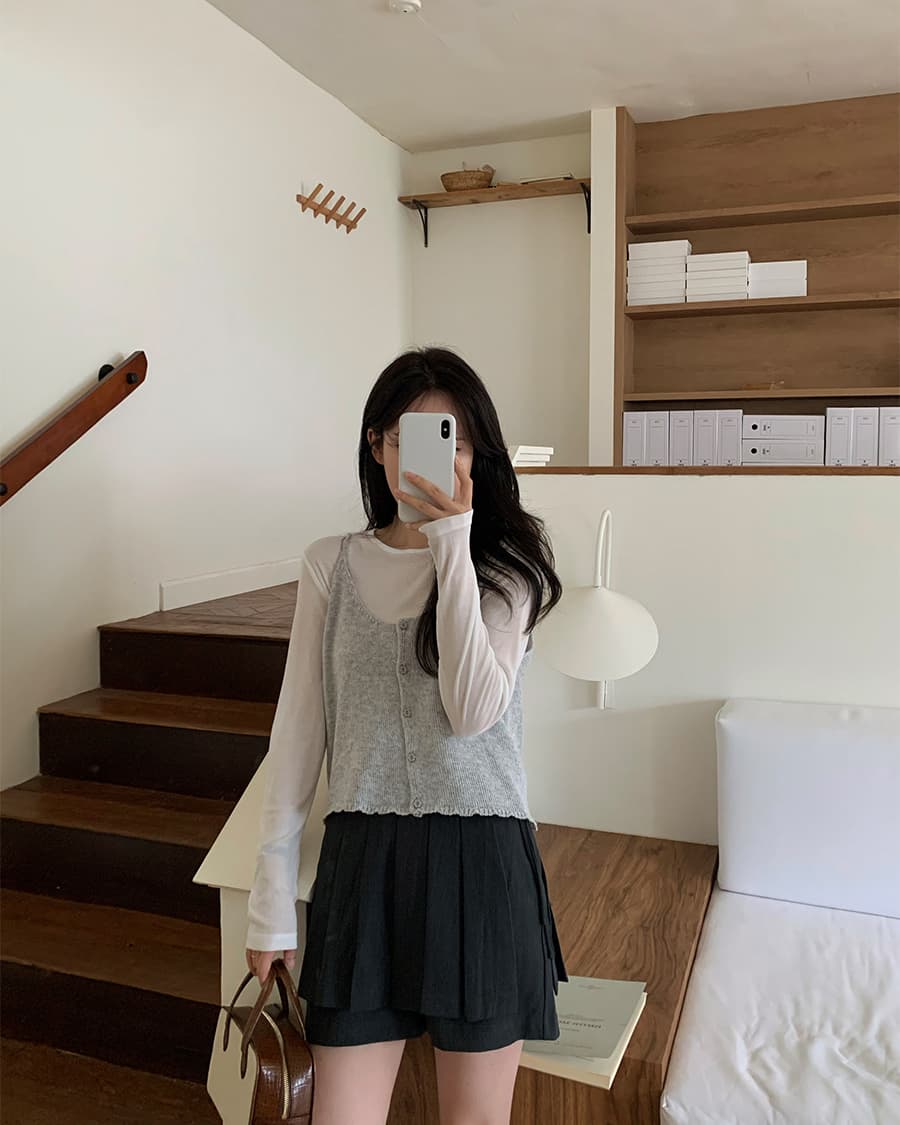 chic 디자인 센스 하이웨이스트 반바지 백 Pleated 층 치마 투피스 세트 치마바지 상세 이미지 34