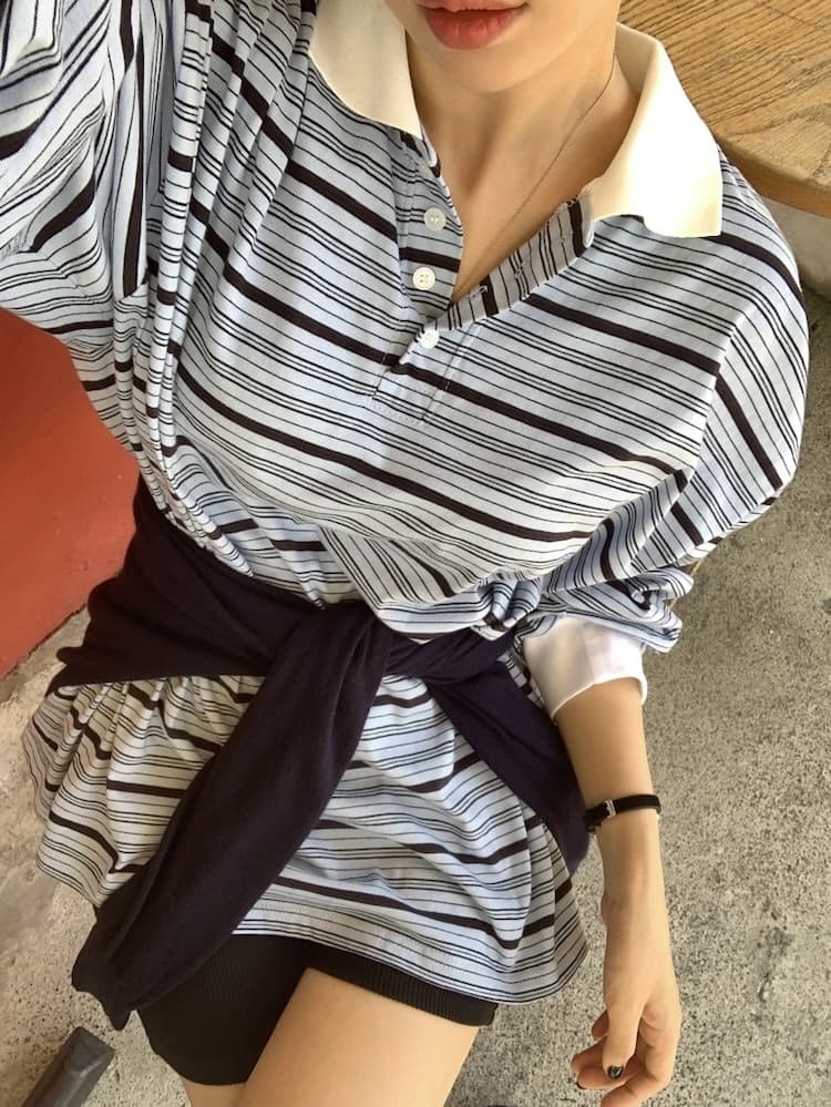 이른 가을 POLO 칼라 스트라이프 느긋한 루즈핏 긴팔 티셔츠 이미지 3