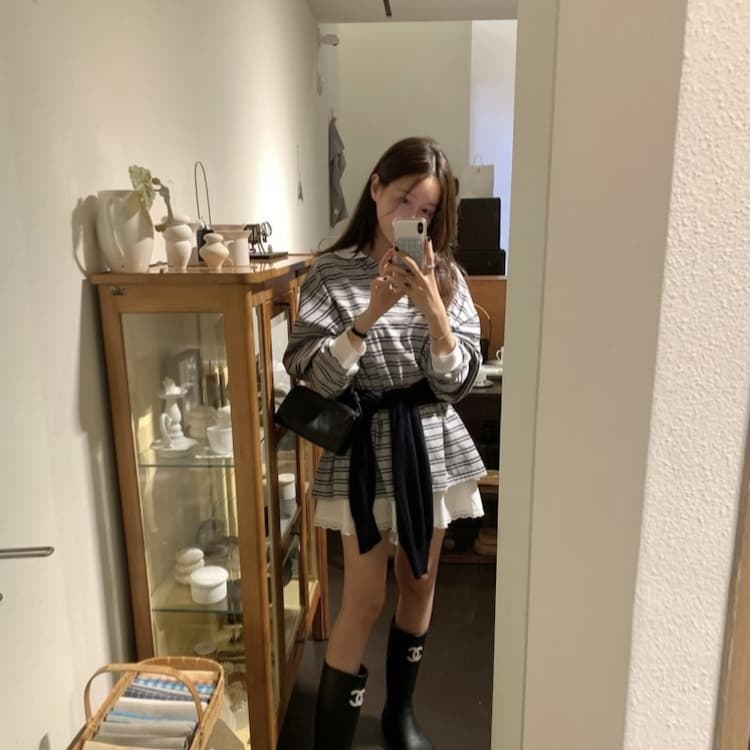 이른 가을 POLO 칼라 스트라이프 느긋한 루즈핏 긴팔 티셔츠 이미지 2