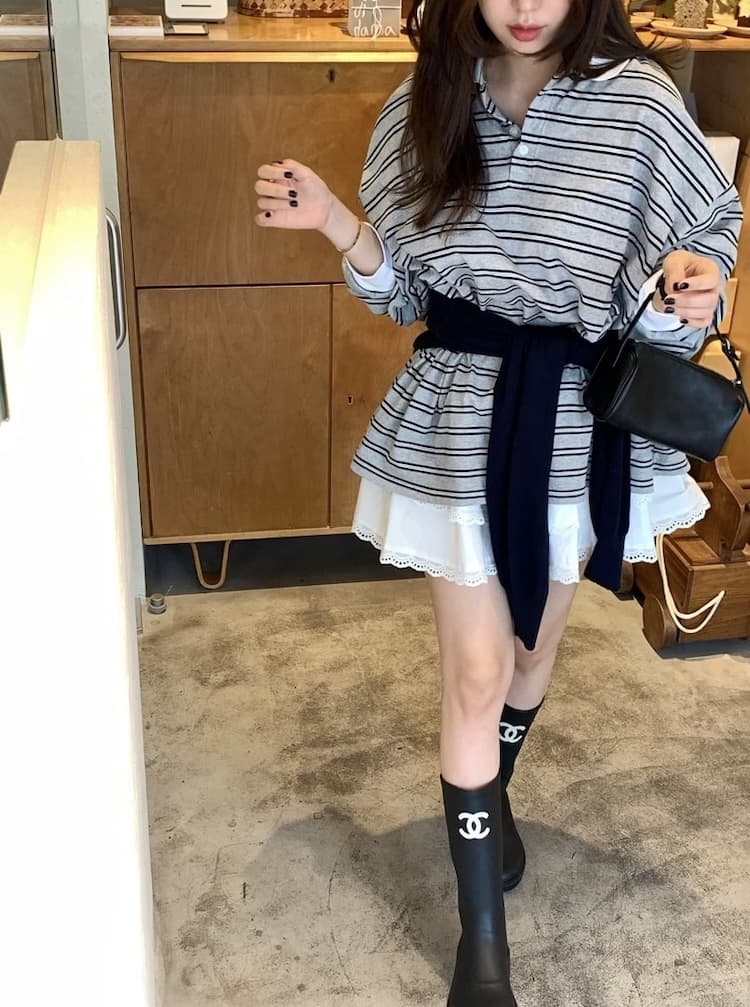 이른 가을 POLO 칼라 스트라이프 느긋한 루즈핏 긴팔 티셔츠 상세 이미지 1