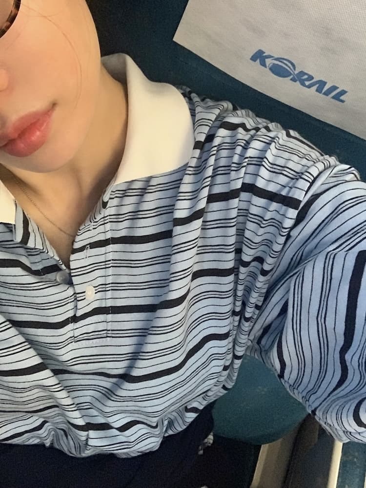 이른 가을 POLO 칼라 스트라이프 느긋한 루즈핏 긴팔 티셔츠 상세 이미지 16