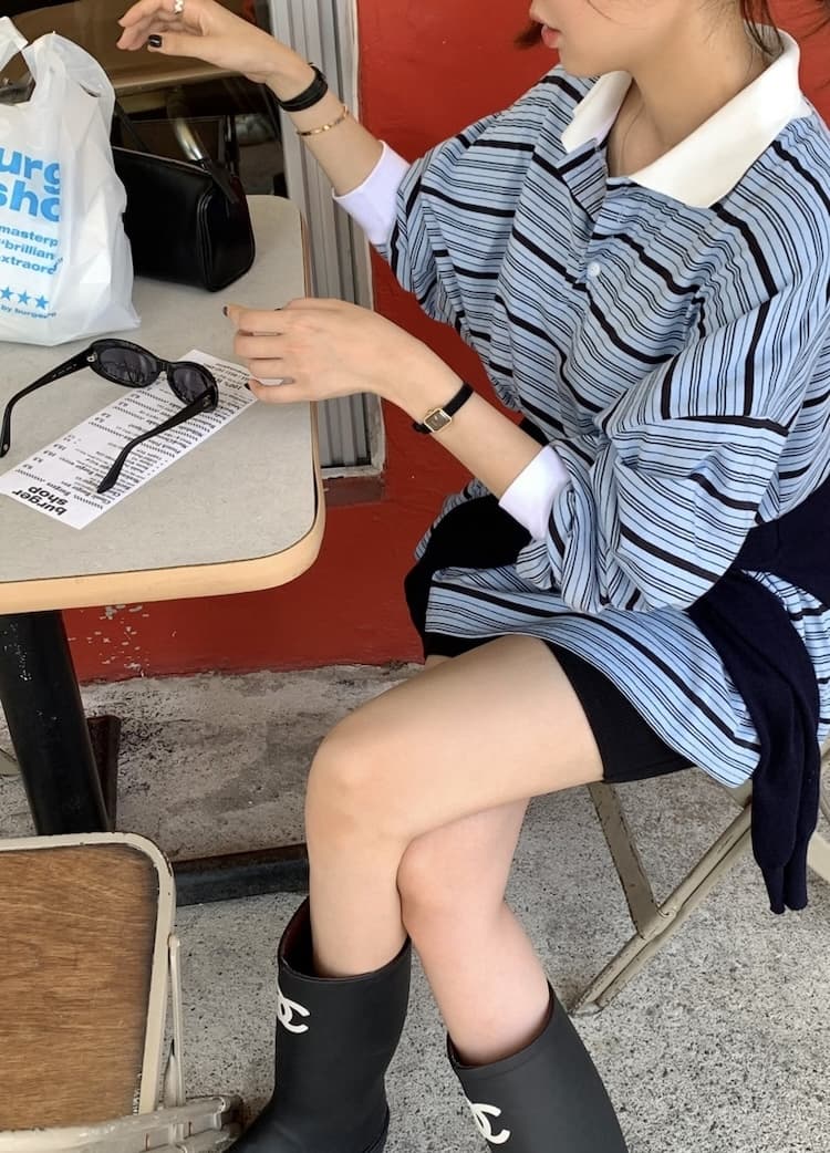 이른 가을 POLO 칼라 스트라이프 느긋한 루즈핏 긴팔 티셔츠 상세 이미지 19
