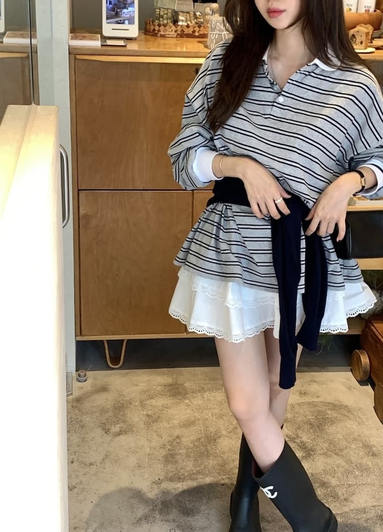 이른 가을 POLO 칼라 스트라이프 느긋한 루즈핏 긴팔 티셔츠 상세 이미지 35