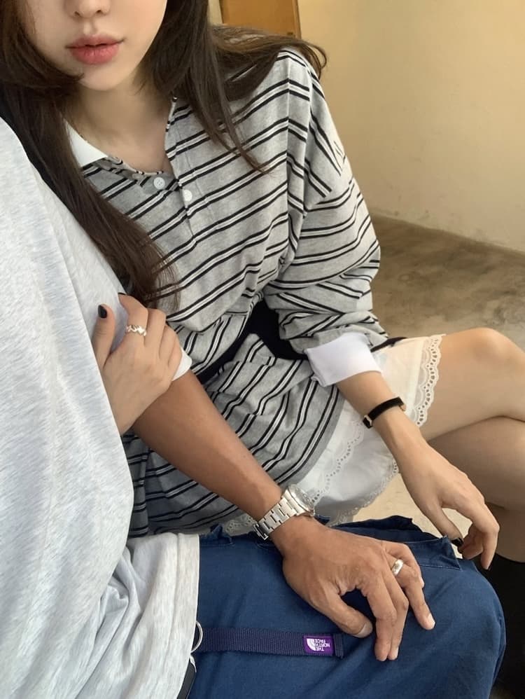 이른 가을 POLO 칼라 스트라이프 느긋한 루즈핏 긴팔 티셔츠 상세 이미지 39