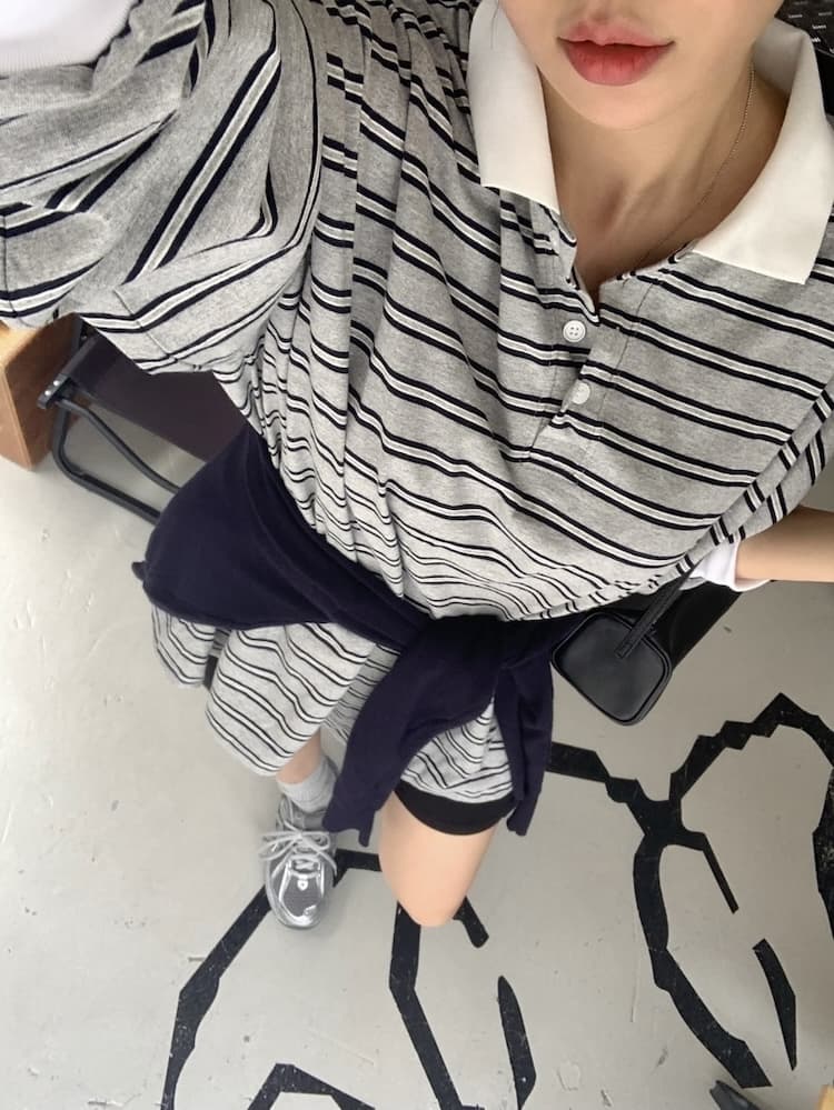 이른 가을 POLO 칼라 스트라이프 느긋한 루즈핏 긴팔 티셔츠 상세 이미지 43