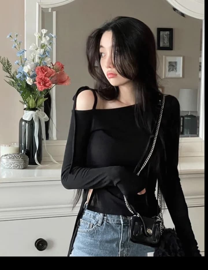 한국 스타일 레이스업 오프숄더 섹시함 긴팔 맨위 상세 이미지 2