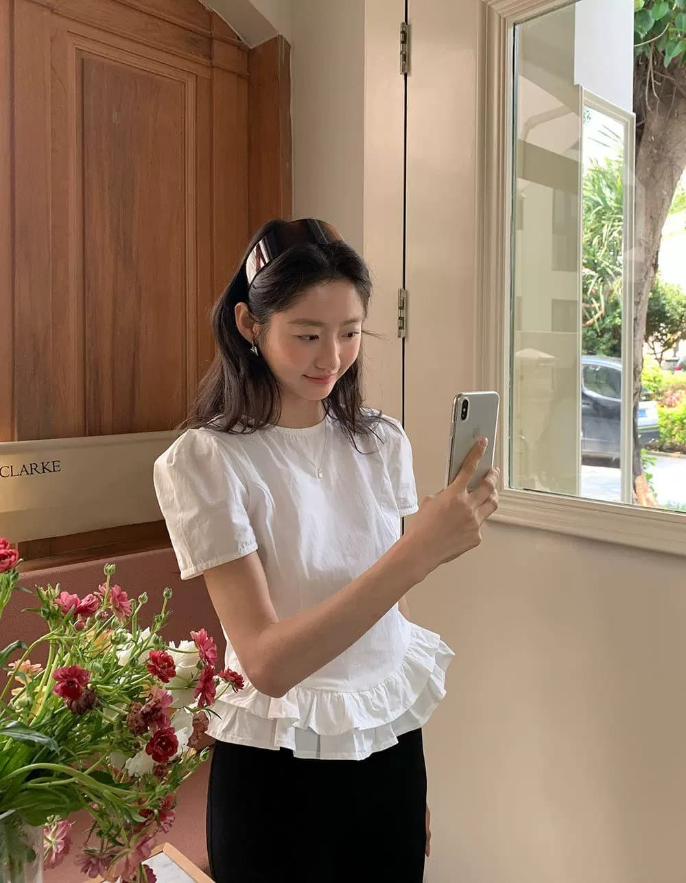 한 부서 품격 소녀 부서 이중층 꽃밭 측면 거품 소매 오픈 가디건 반팔 셔츠 상세 이미지 1