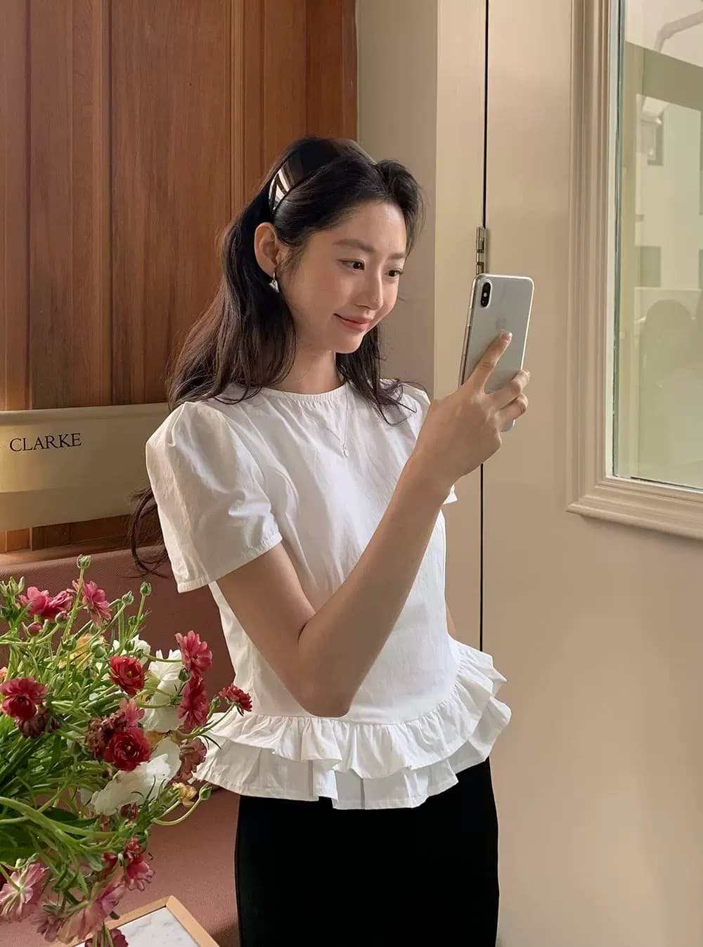 한 부서 품격 소녀 부서 이중층 꽃밭 측면 거품 소매 오픈 가디건 반팔 셔츠 상세 이미지 3