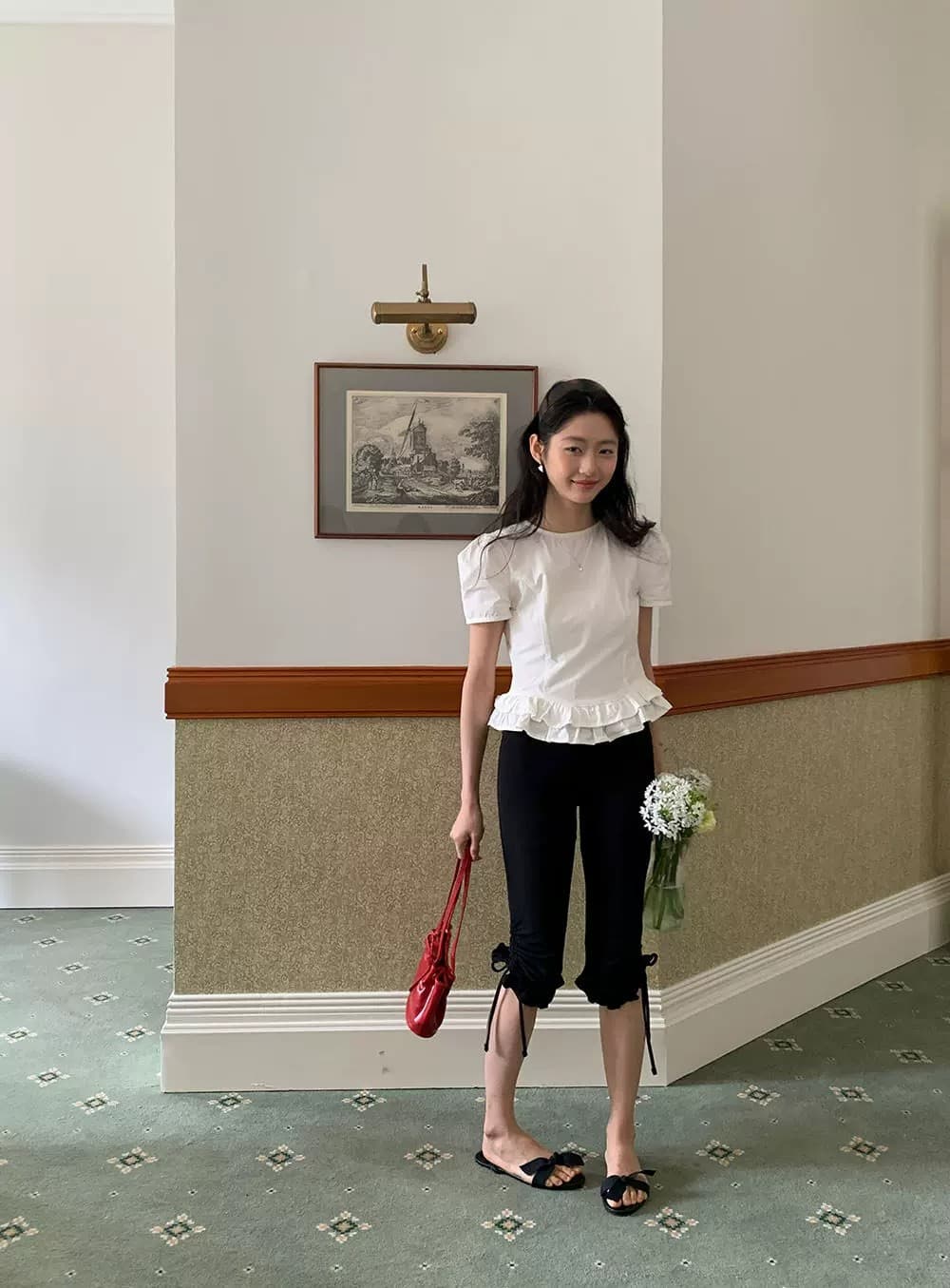 한 부서 품격 소녀 부서 이중층 꽃밭 측면 거품 소매 오픈 가디건 반팔 셔츠 상세 이미지 10