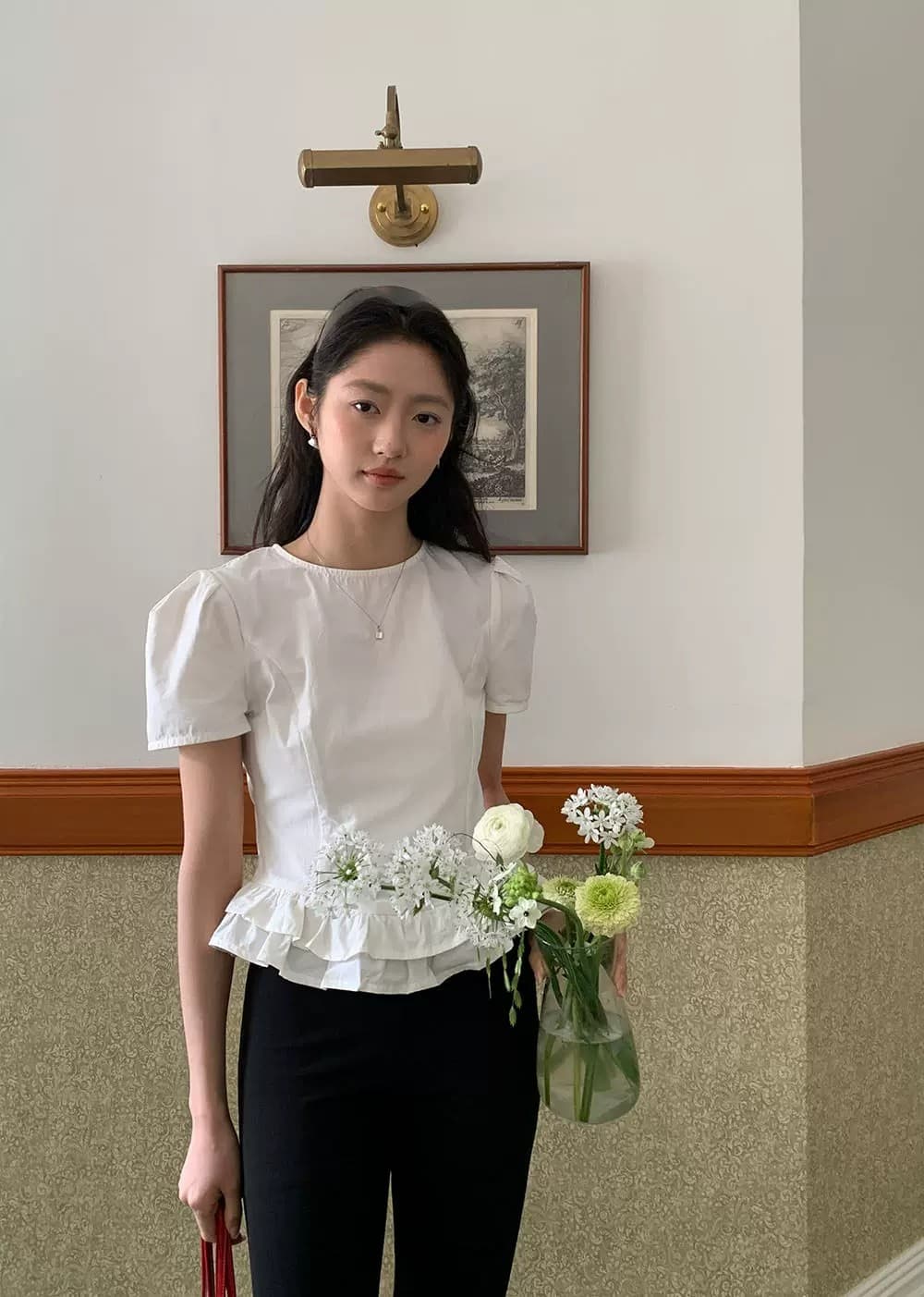 한 부서 품격 소녀 부서 이중층 꽃밭 측면 거품 소매 오픈 가디건 반팔 셔츠 상세 이미지 13