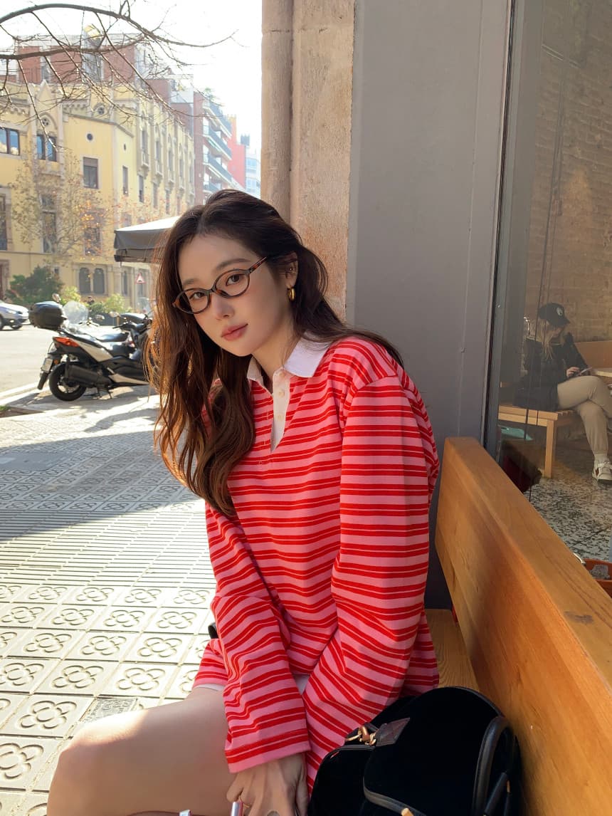 가을 새로운 POLO 칼라 작은 대중 스트라이프 캐주얼 긴팔 티셔츠 상세 이미지 1