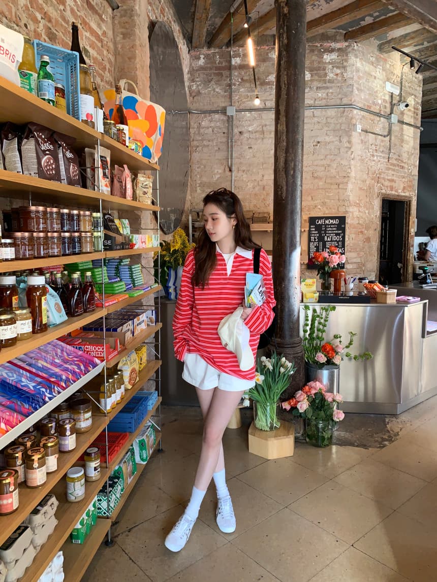 가을 새로운 POLO 칼라 작은 대중 스트라이프 캐주얼 긴팔 티셔츠 상세 이미지 5