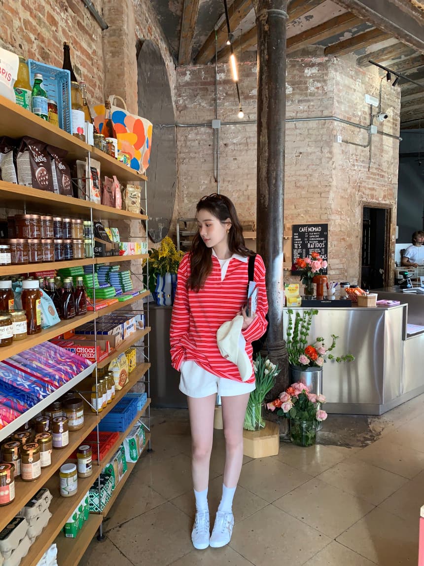 가을 새로운 POLO 칼라 작은 대중 스트라이프 캐주얼 긴팔 티셔츠 상세 이미지 6