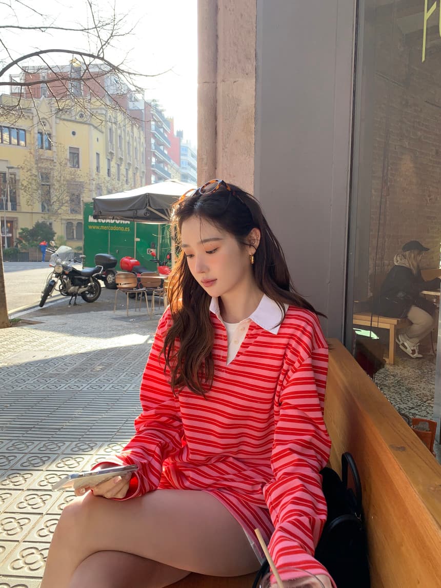 가을 새로운 POLO 칼라 작은 대중 스트라이프 캐주얼 긴팔 티셔츠 상세 이미지 12