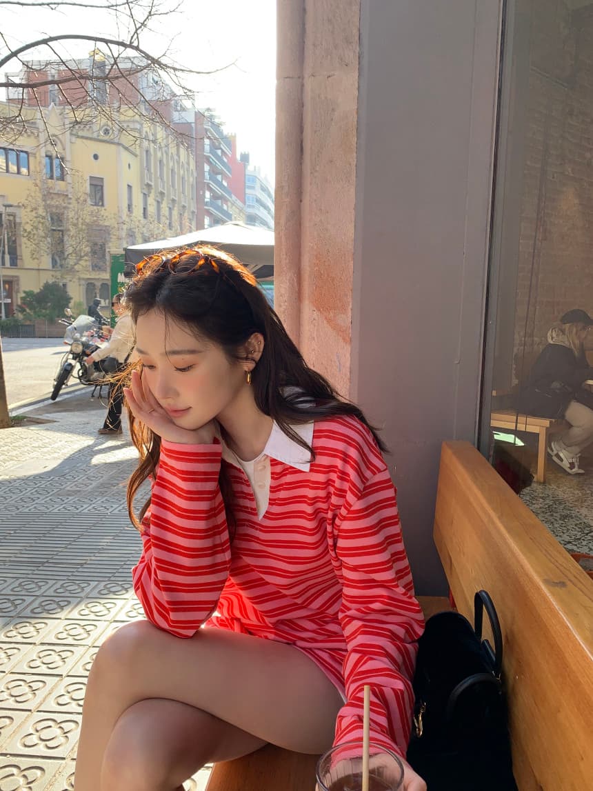 가을 새로운 POLO 칼라 작은 대중 스트라이프 캐주얼 긴팔 티셔츠 상세 이미지 13