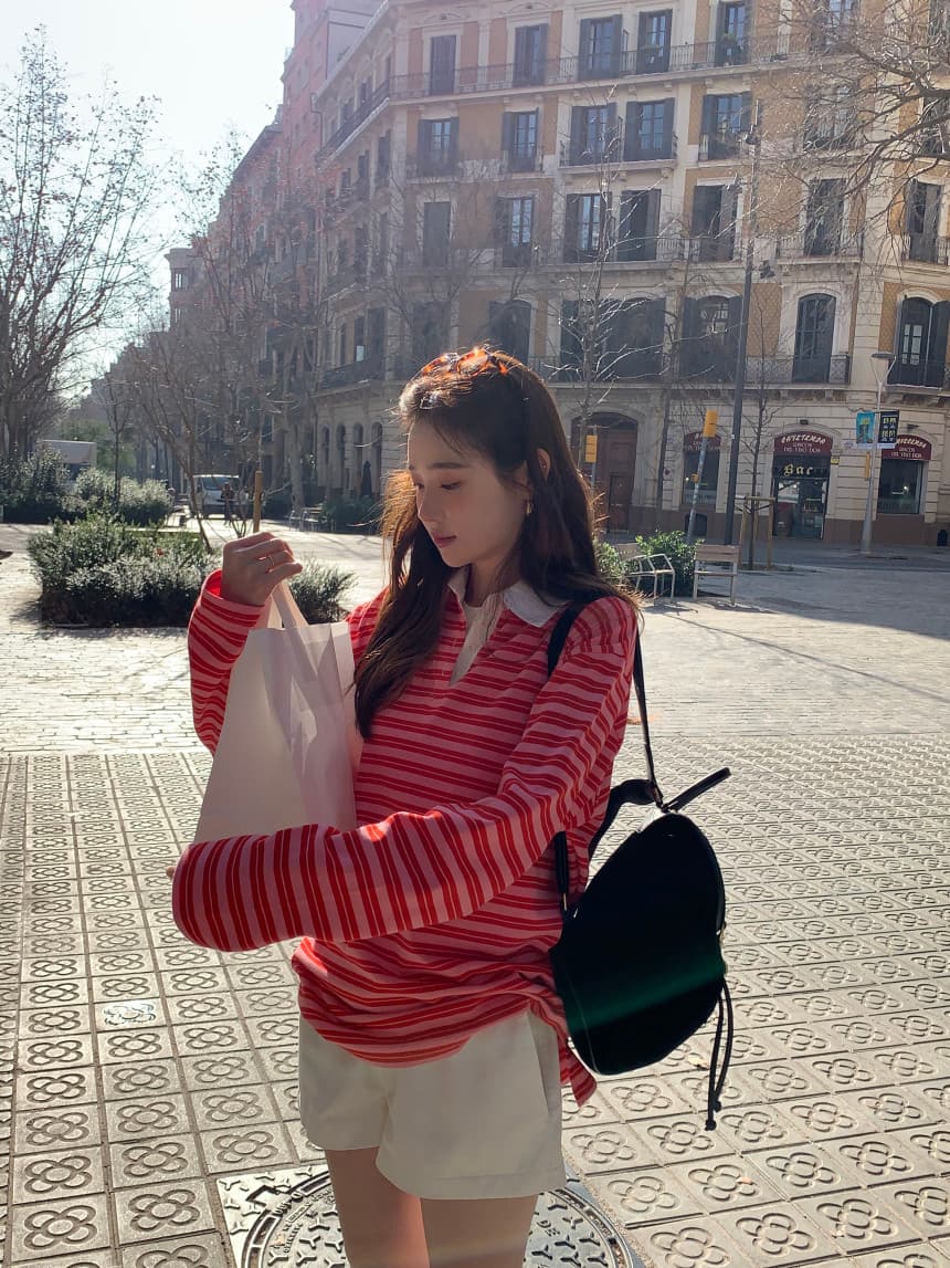 가을 새로운 POLO 칼라 작은 대중 스트라이프 캐주얼 긴팔 티셔츠 상세 이미지 17