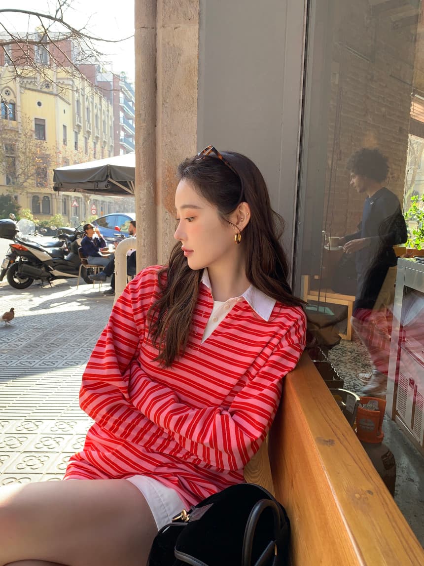 가을 새로운 POLO 칼라 작은 대중 스트라이프 캐주얼 긴팔 티셔츠 상세 이미지 18