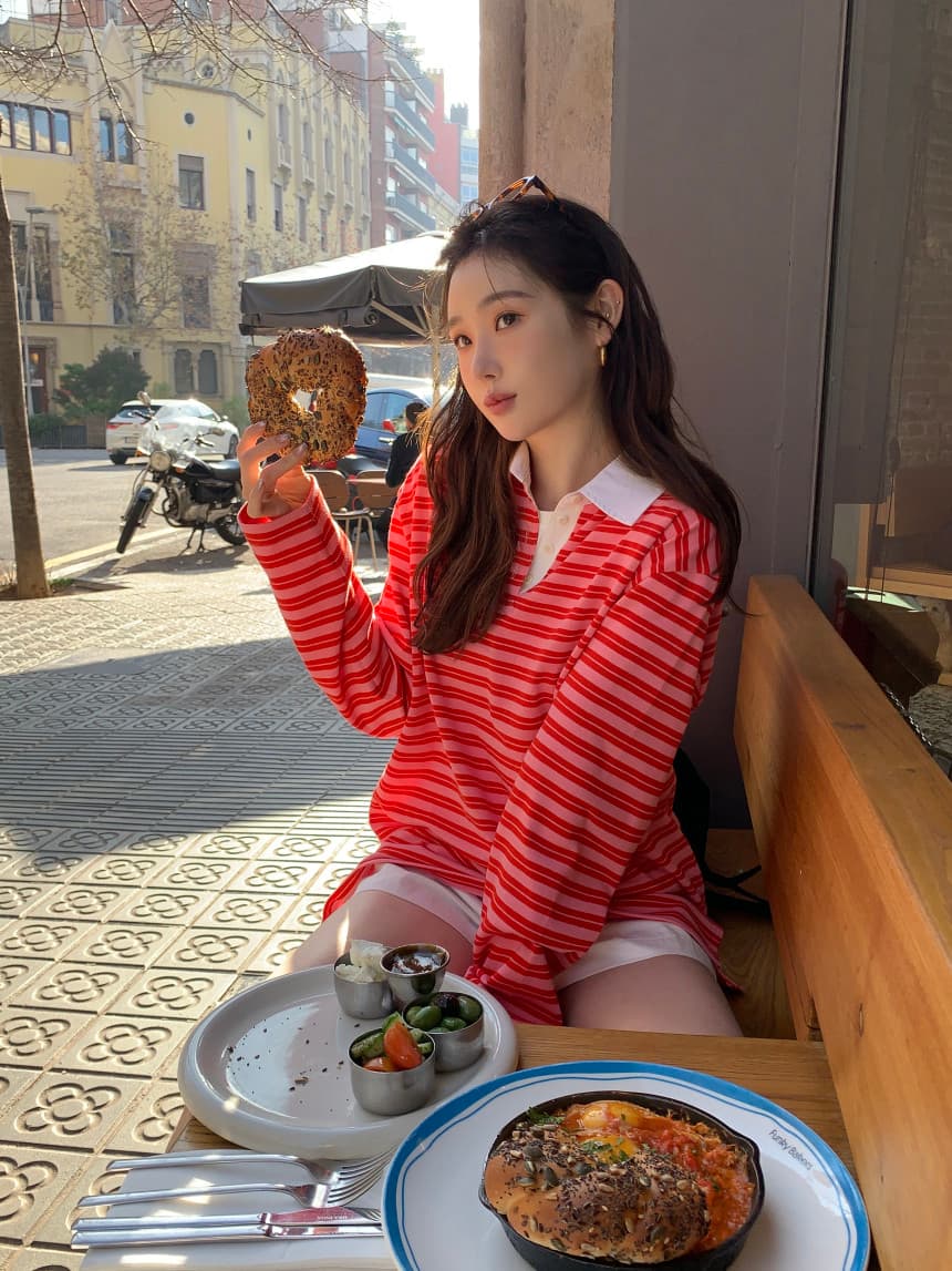 가을 새로운 POLO 칼라 작은 대중 스트라이프 캐주얼 긴팔 티셔츠 상세 이미지 19