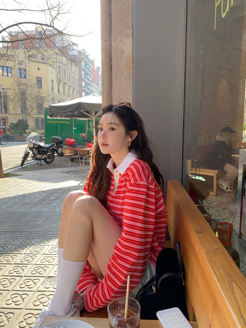 가을 새로운 POLO 칼라 작은 대중 스트라이프 캐주얼 긴팔 티셔츠 상세 이미지 21