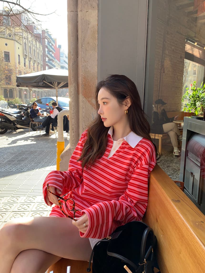 가을 새로운 POLO 칼라 작은 대중 스트라이프 캐주얼 긴팔 티셔츠 상세 이미지 22