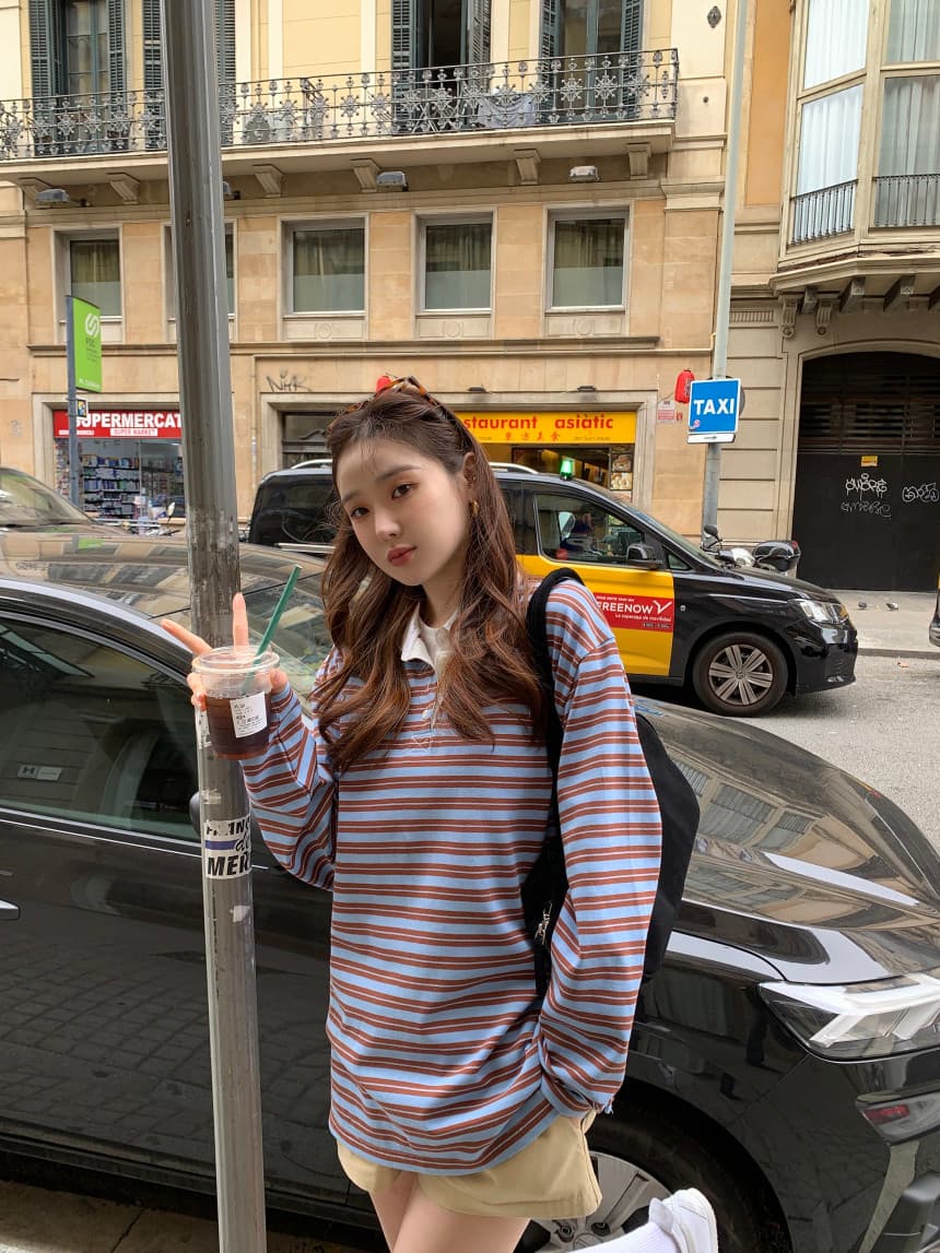 가을 새로운 POLO 칼라 작은 대중 스트라이프 캐주얼 긴팔 티셔츠 상세 이미지 31