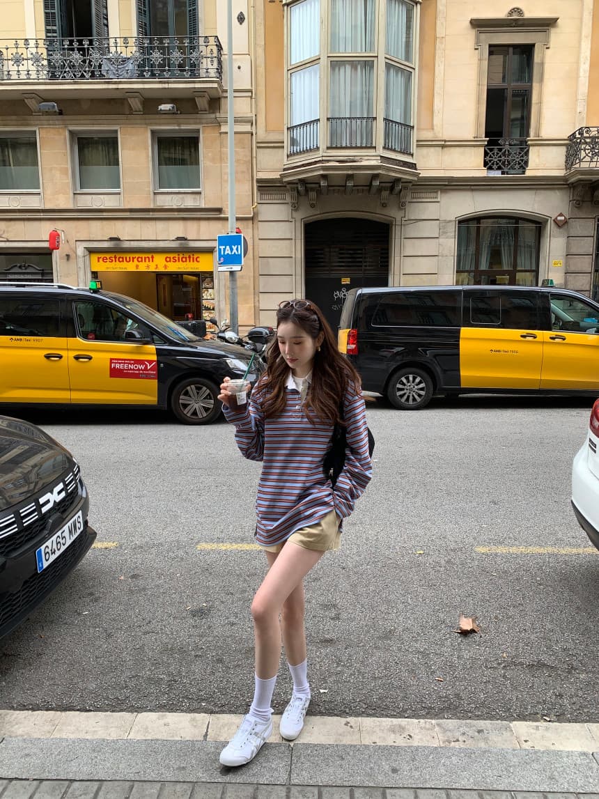 가을 새로운 POLO 칼라 작은 대중 스트라이프 캐주얼 긴팔 티셔츠 상세 이미지 33