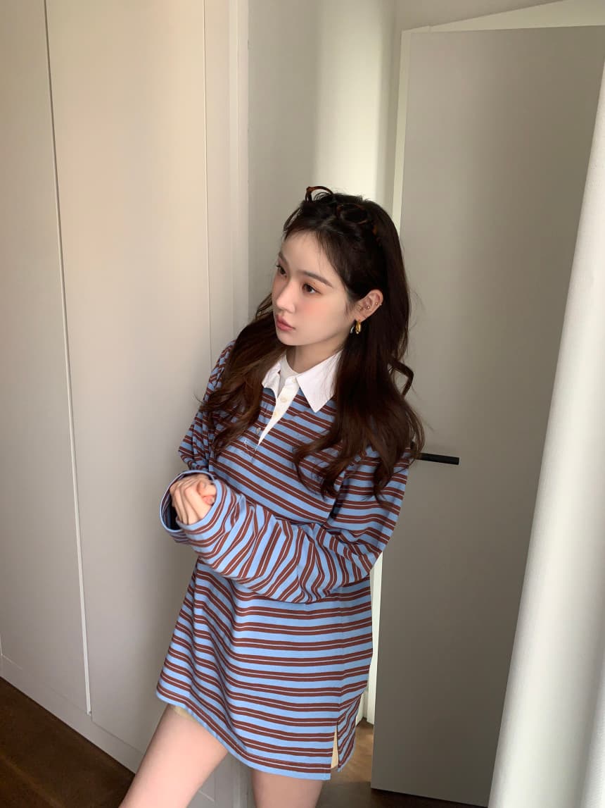 가을 새로운 POLO 칼라 작은 대중 스트라이프 캐주얼 긴팔 티셔츠 상세 이미지 35