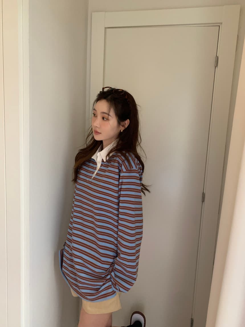 가을 새로운 POLO 칼라 작은 대중 스트라이프 캐주얼 긴팔 티셔츠 상세 이미지 36