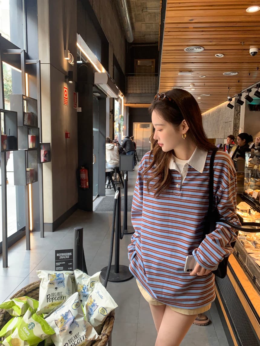 가을 새로운 POLO 칼라 작은 대중 스트라이프 캐주얼 긴팔 티셔츠 상세 이미지 38