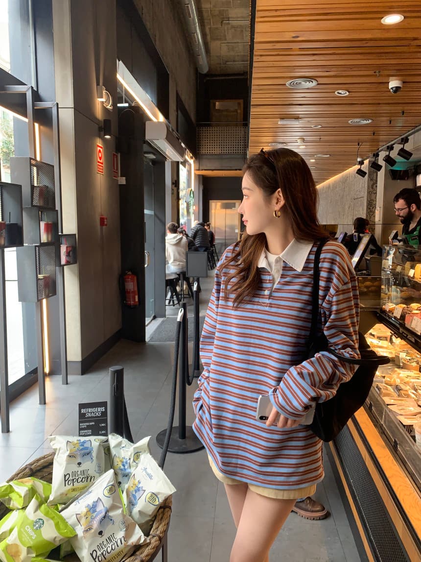 가을 새로운 POLO 칼라 작은 대중 스트라이프 캐주얼 긴팔 티셔츠 상세 이미지 39