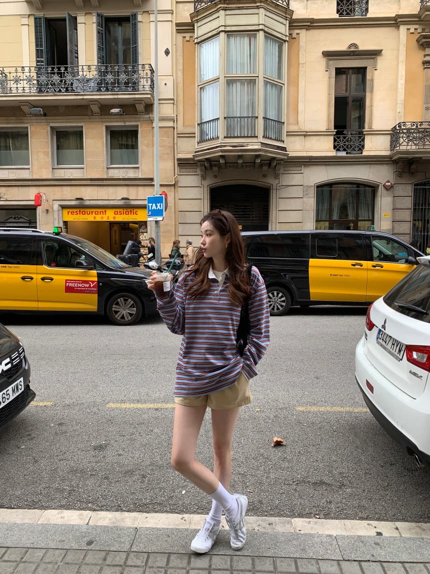 가을 새로운 POLO 칼라 작은 대중 스트라이프 캐주얼 긴팔 티셔츠 상세 이미지 43