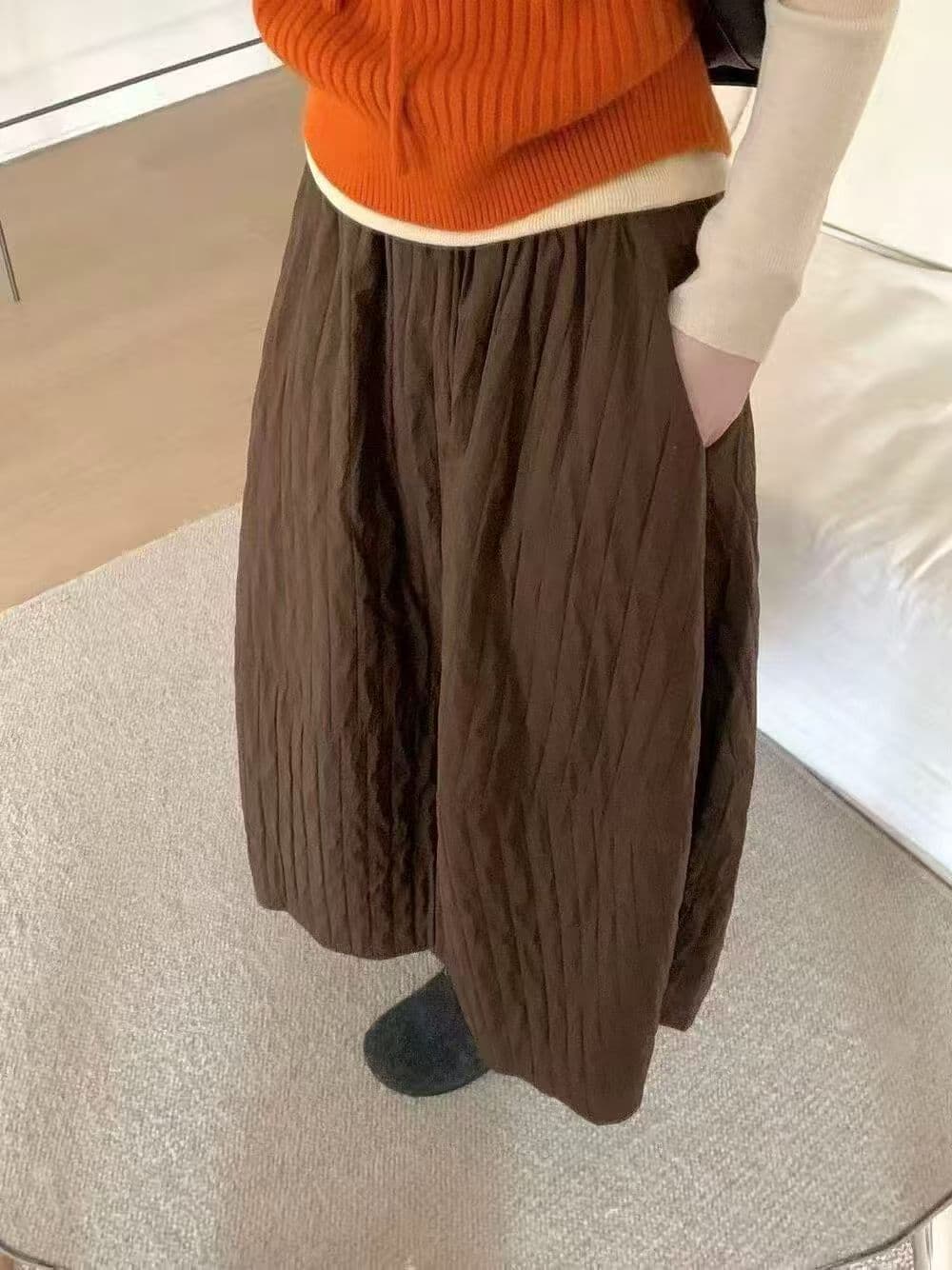 레트로 단색 질감 센스 꽃밭 반신 스커트 여성 가을 겨울 새로운 루즈핏 다용도 보온 랜턴 치마 이미지 3