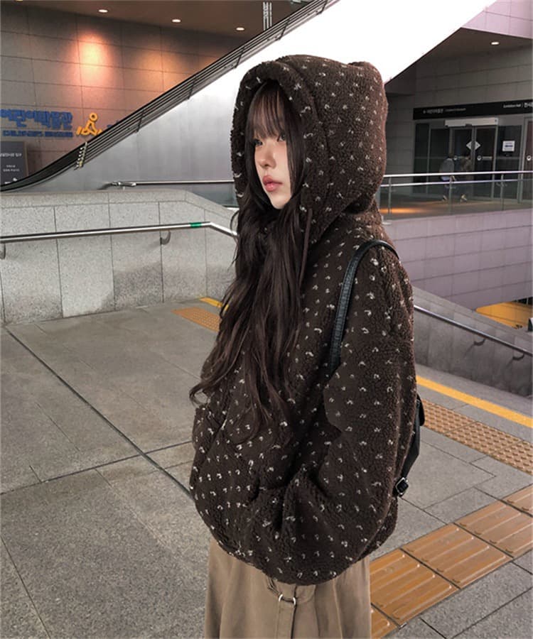 미니멀리즘 플러스 면 두꺼운 후드 모피 재킷 상세 이미지 1