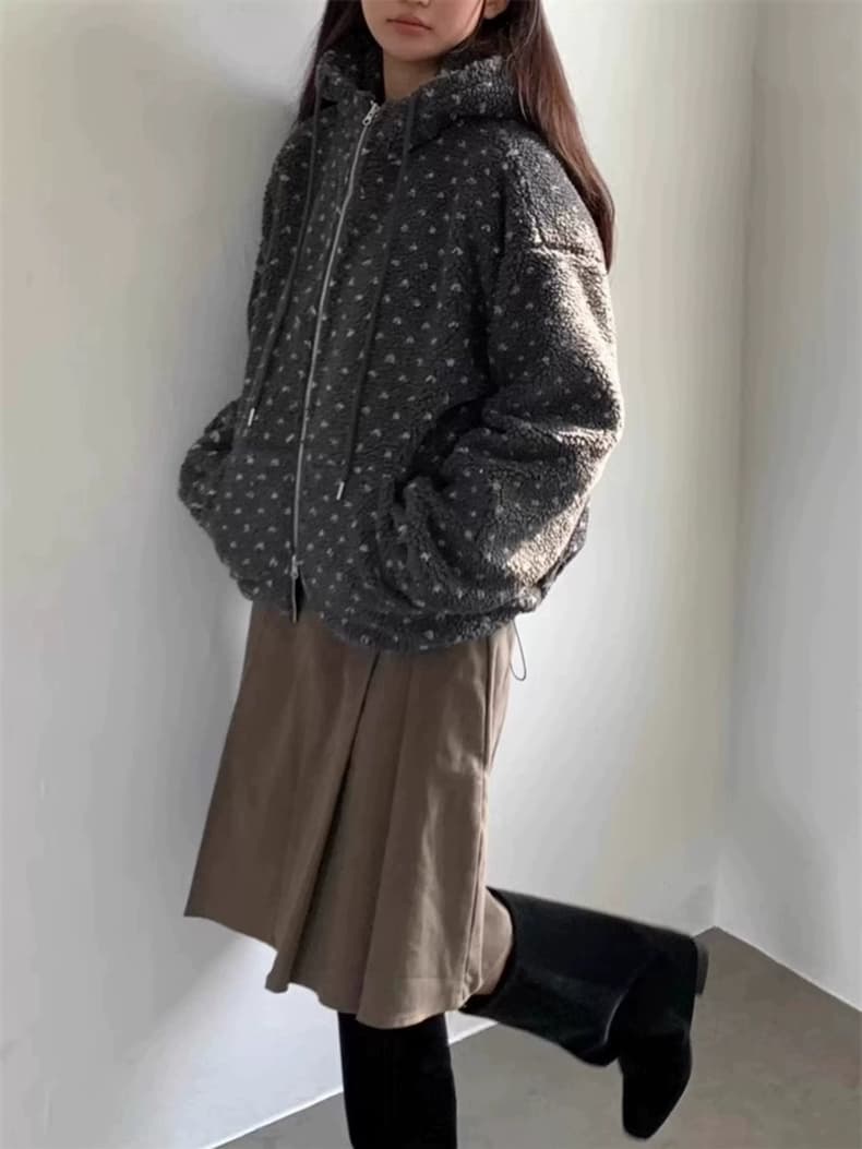 한국 겨울 도트 무늬 후드 지퍼 디자인 플리스 여성 코트 상세 이미지 9