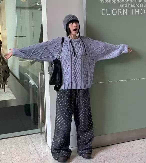 한국 chic 복숭아 심장 펌프 로프 플리스 루즈핏 조거 캐주얼 긴 바지 상세 이미지 1