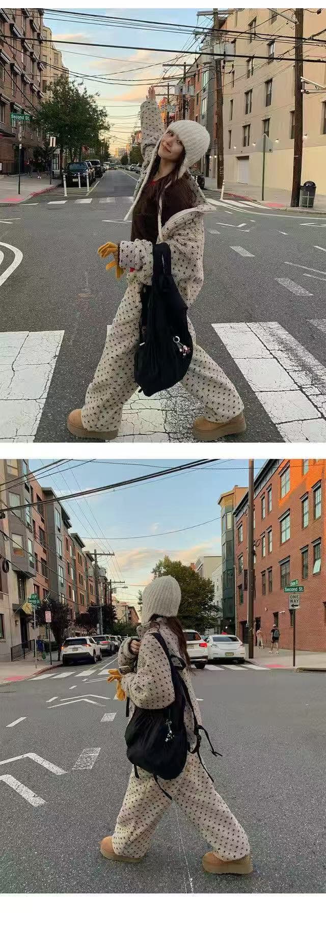 한국 chic 복숭아 심장 펌프 로프 플리스 루즈핏 조거 캐주얼 긴 바지 상세 이미지 13