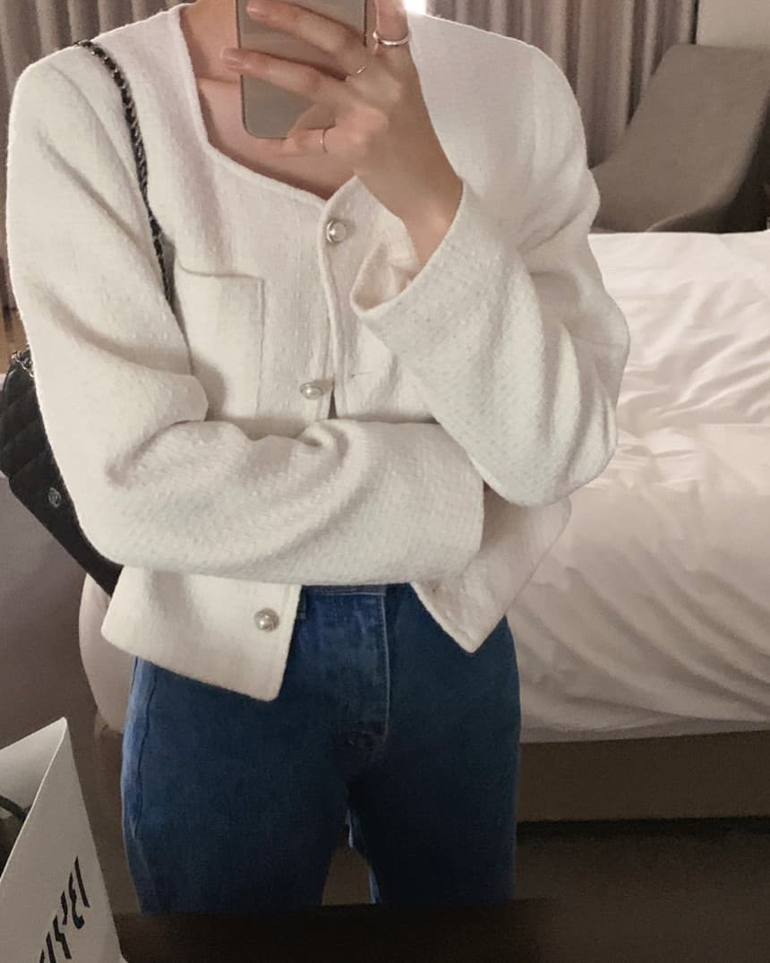 chic 작은 샤넬 스타일 광장 칼라 진주 주머니 장식 긴팔 트위드 재킷 이미지 2