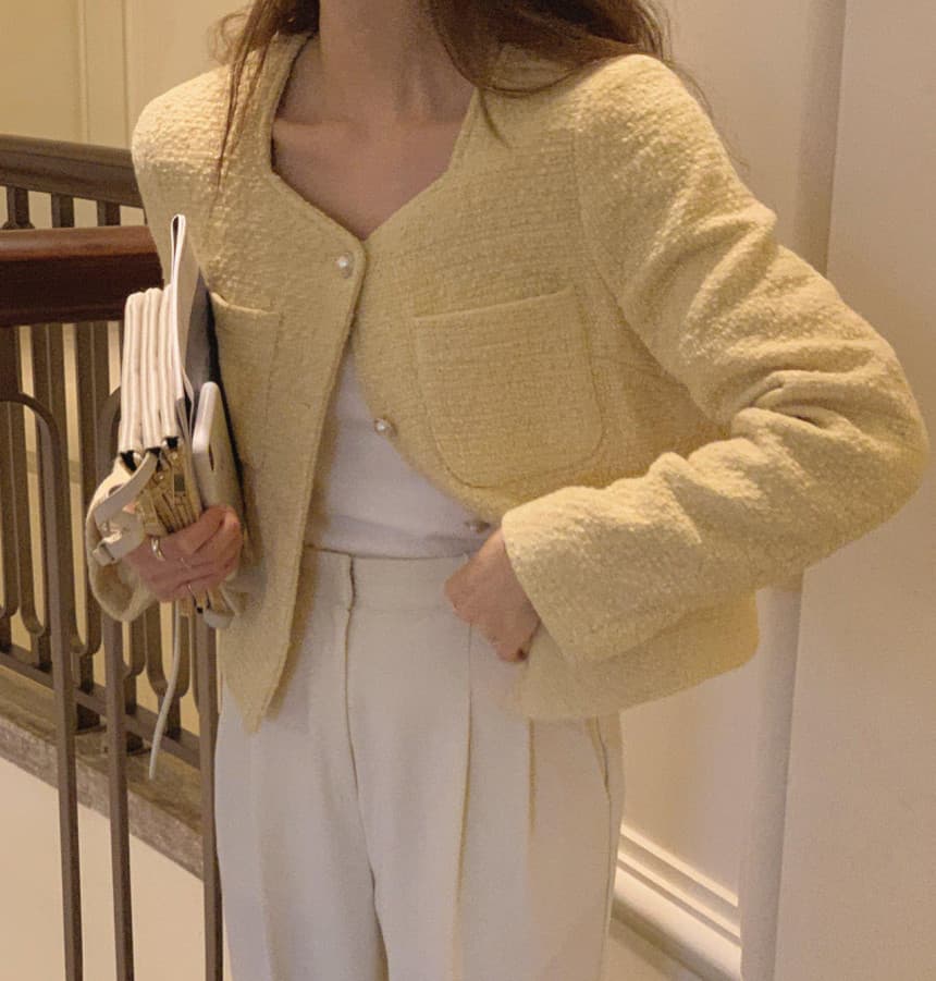 chic 작은 샤넬 스타일 광장 칼라 진주 주머니 장식 긴팔 트위드 재킷 상세 이미지 3