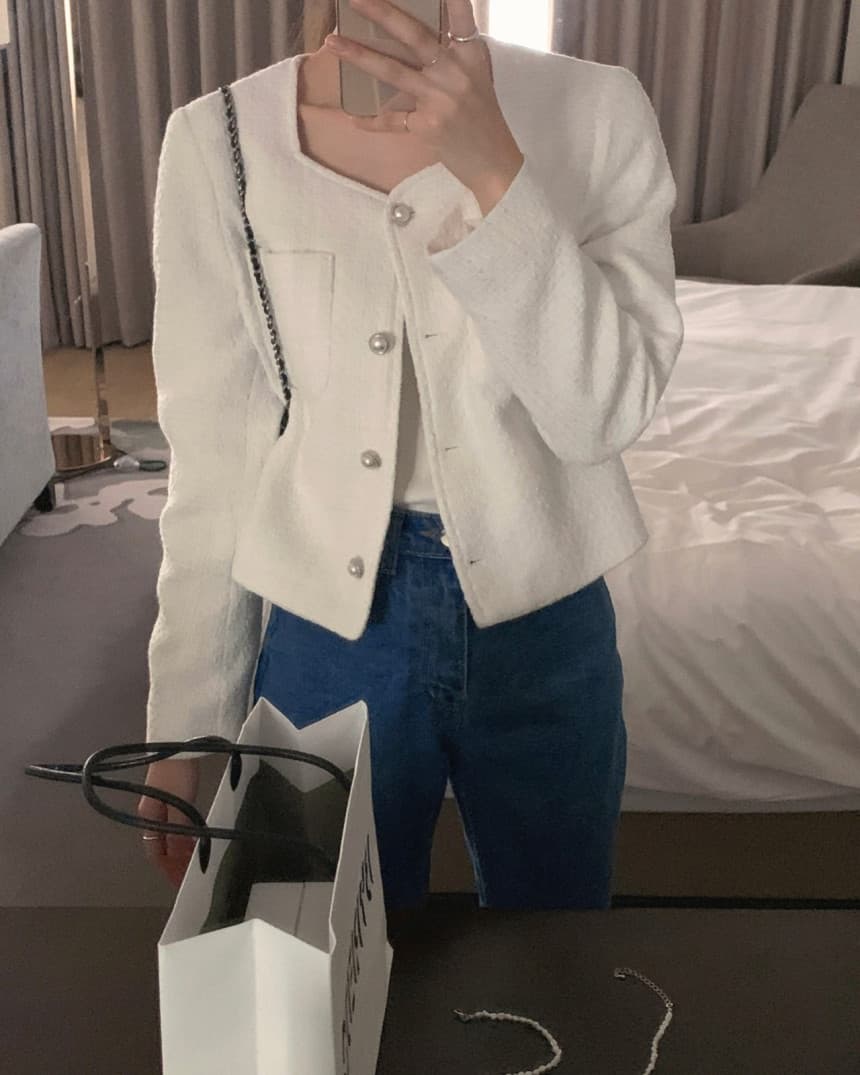 chic 작은 샤넬 스타일 광장 칼라 진주 주머니 장식 긴팔 트위드 재킷 상세 이미지 6