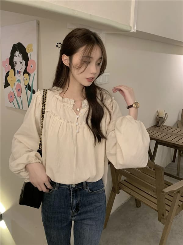 프랑스식 레트로 작은 대중 디자인 센스 맨위 여성 거품 소매 chic 프릴 긴팔 셔츠 이미지 3