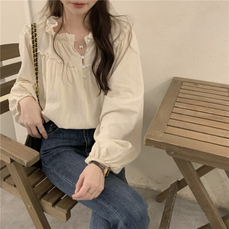 프랑스식 레트로 작은 대중 디자인 센스 맨위 여성 거품 소매 chic 프릴 긴팔 셔츠 이미지 5