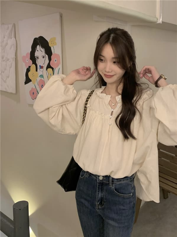 프랑스식 레트로 작은 대중 디자인 센스 맨위 여성 거품 소매 chic 프릴 긴팔 셔츠 상세 이미지 3