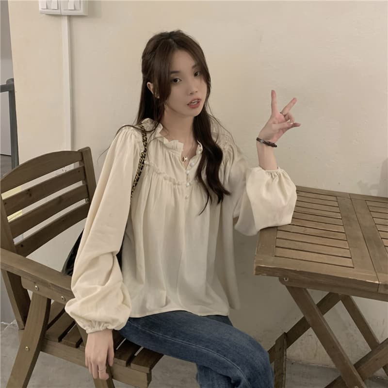프랑스식 레트로 작은 대중 디자인 센스 맨위 여성 거품 소매 chic 프릴 긴팔 셔츠 상세 이미지 6