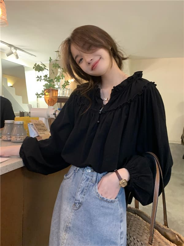 프랑스식 레트로 작은 대중 디자인 센스 맨위 여성 거품 소매 chic 프릴 긴팔 셔츠 상세 이미지 9