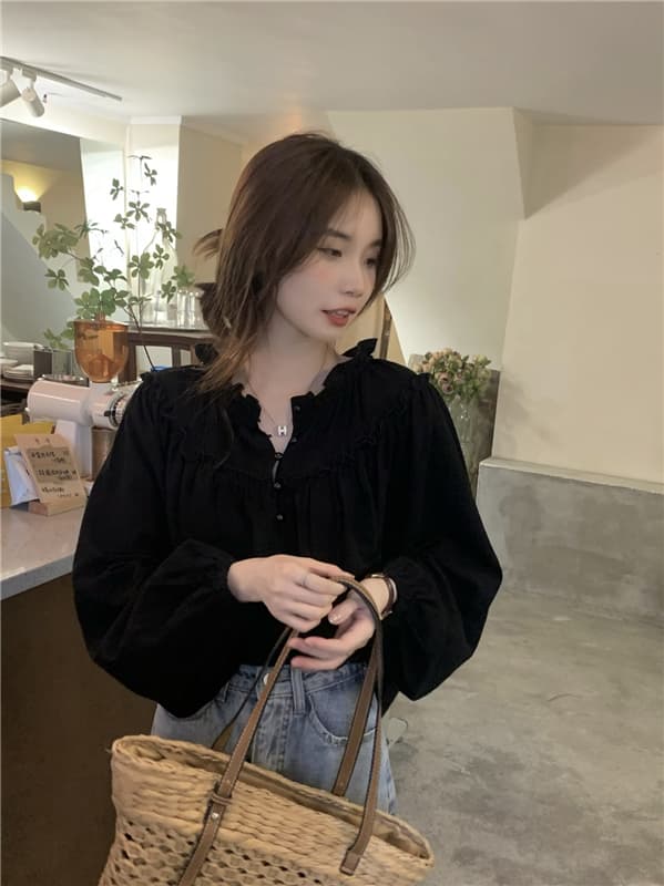 프랑스식 레트로 작은 대중 디자인 센스 맨위 여성 거품 소매 chic 프릴 긴팔 셔츠 상세 이미지 10
