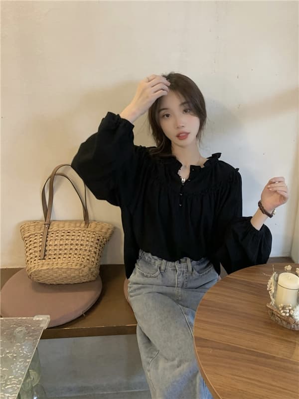 프랑스식 레트로 작은 대중 디자인 센스 맨위 여성 거품 소매 chic 프릴 긴팔 셔츠 상세 이미지 12