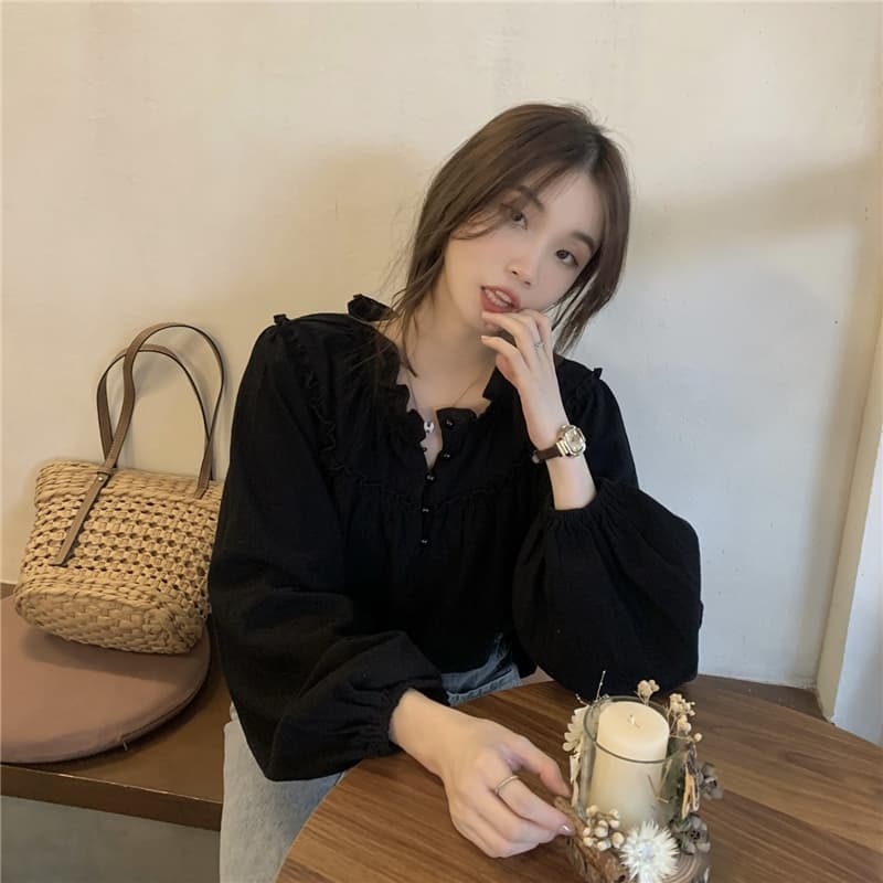 프랑스식 레트로 작은 대중 디자인 센스 맨위 여성 거품 소매 chic 프릴 긴팔 셔츠 상세 이미지 13