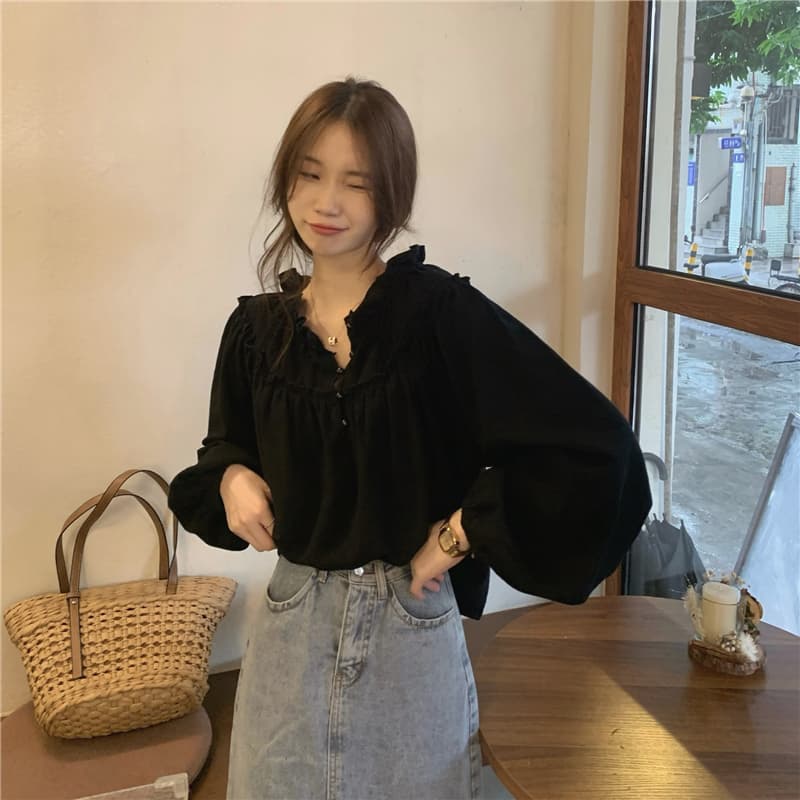 프랑스식 레트로 작은 대중 디자인 센스 맨위 여성 거품 소매 chic 프릴 긴팔 셔츠 상세 이미지 15